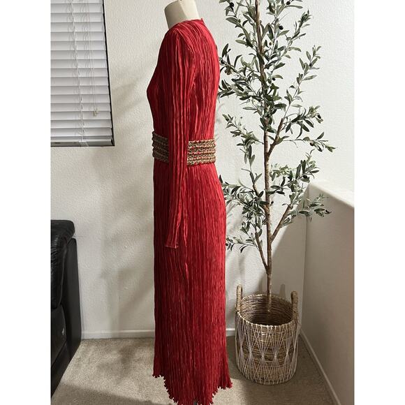 Vintage 1980s Mary McFadden Couture Pleat Gown Midi Red Gold Holiday Size 12 - Picture 7 of 9